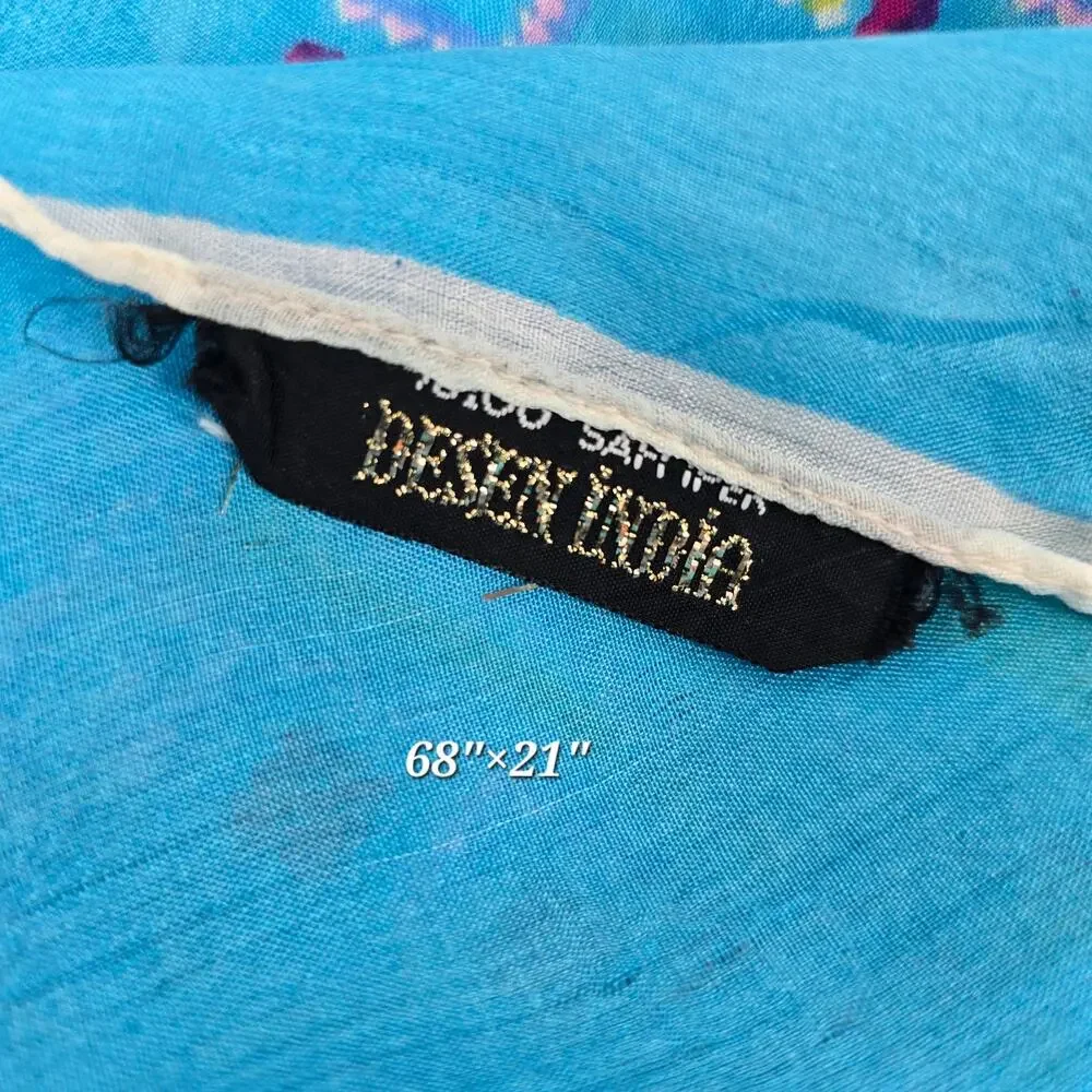 Vintage Desen India 100% Turkish Silk Scarf – Bright Blue Folk Geometric Pattern